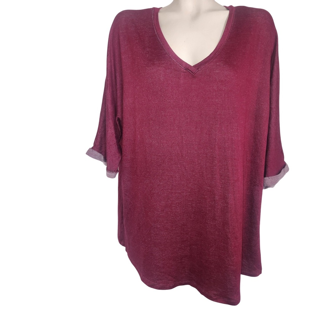 3rd + Malt NEW Womens 1X Burgundy Marled V-Neck Drop Shoulder Top MT1183X Casual